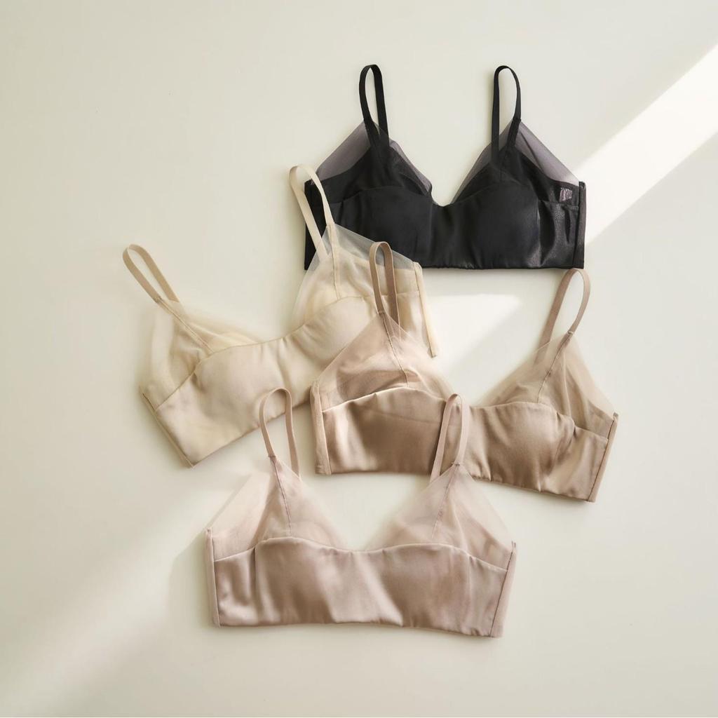Reggiseno a Coppa con Orecchie di Coniglio, Intreccio in Rete di Raso di Seta - Senza Ferretto, Traspirante, Lingerie in Seta di Gelso Francese per Donna