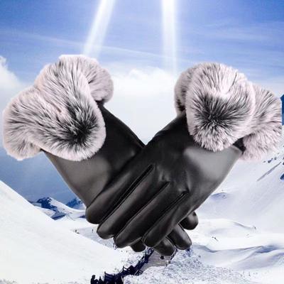 Women's Large V-shaped Touch Screen Warm Plush Leather Gloves Winter Cycling Fashion Black PU Leather Gloves