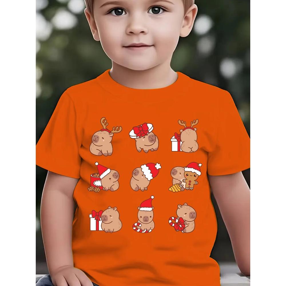 Xmas Santa Hat Capybara Graphic T Shirt Boys Girls Family Matching Soft Cotton Short Sleeve Festive Children Basic Wear Tops