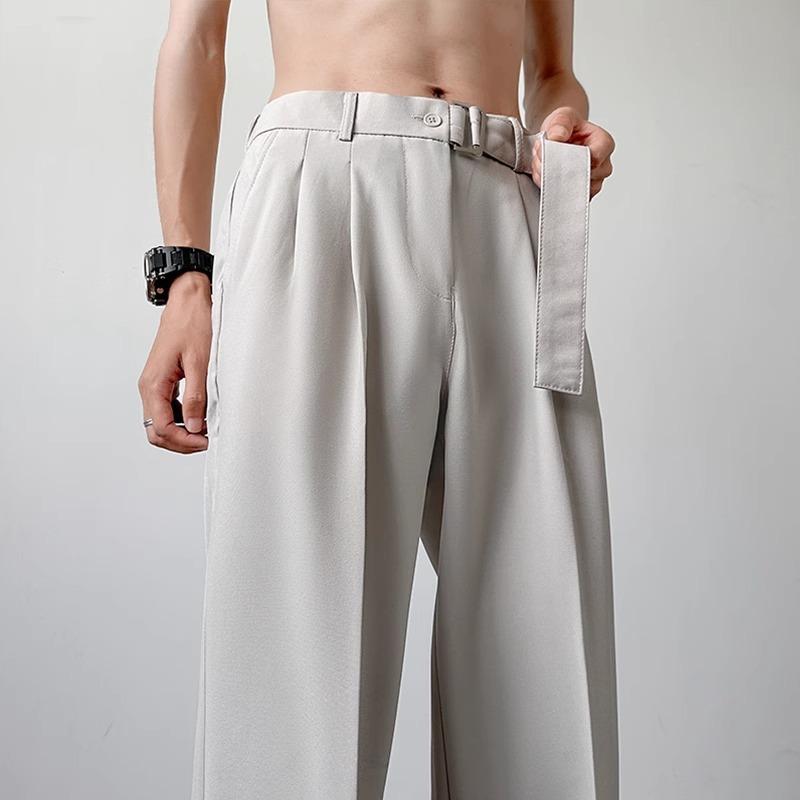 Lazy Wind Pendant Ice Silk Trousers Men's Summer Thin with Belt Loose Straight Trendy Casual Commuter Trousers