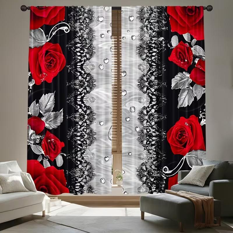 2Pcs Valentine's Day rose print curtains,suitable for bedroom,living room kitchen decoration,home decoration,window decoration