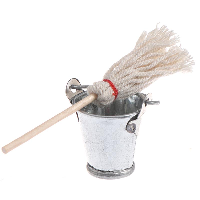 2 Pcs/Set Scale 1:12 Dollhouse Kitchen Garden Mop Bucket Creative Toys Gifts