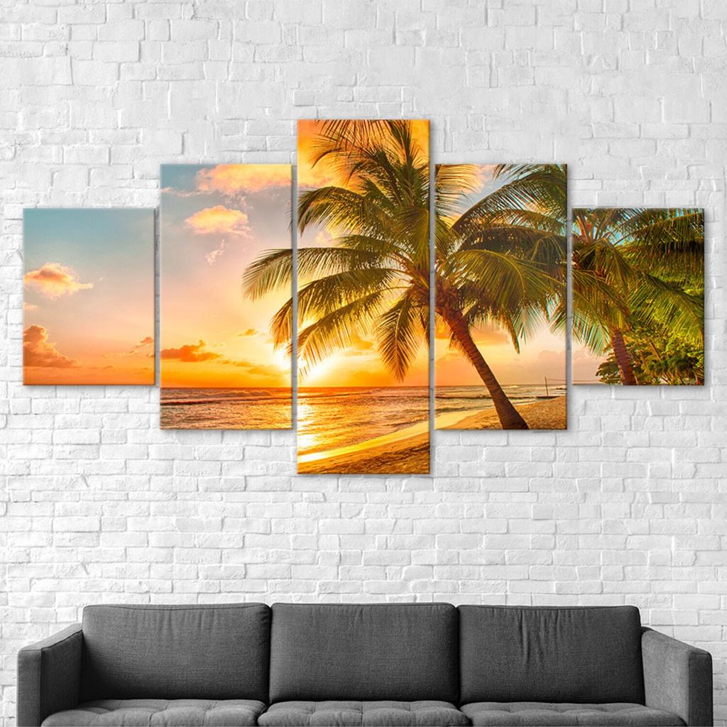 Tropical Beach Paradise Sunset Canvas 5 Piece Five Panel Wall Print Modern Art Poster Picture Home Decor Gift For Him For Her