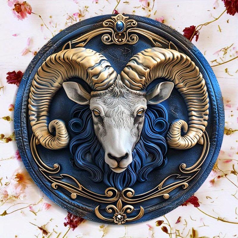Aries Zodiac Ram Wooden Wall Decor, Round Metal Sign Weather-Resistant Artwork Door Hanger or Wreath Decoration