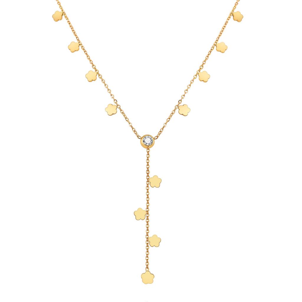 Wind Niche Summer Stainless Steel Flower Zircon Y-Shaped Necklace 18K Gold, Jewelry Nc-2425