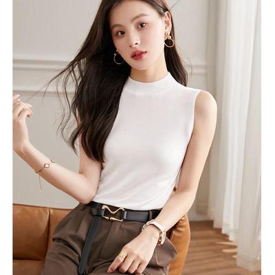 Women's 100% Mulberry Silk Half-High Collar Sleeveless Knit Top