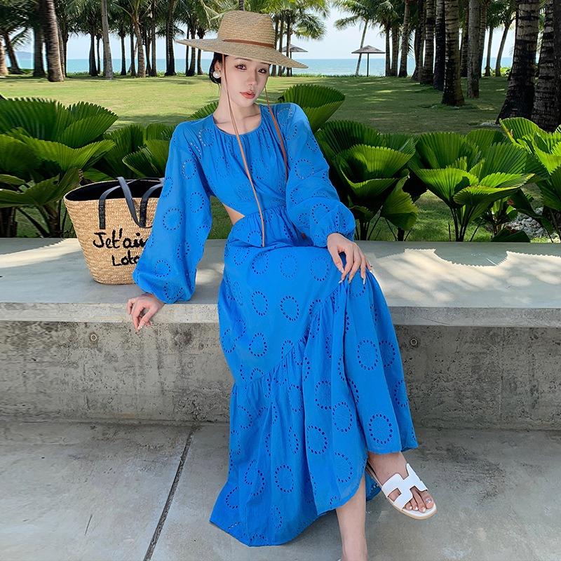 New Bali Seaside Vacation Dress Women s Summer Hollow Waist Thin Embroidered Backless Dress S