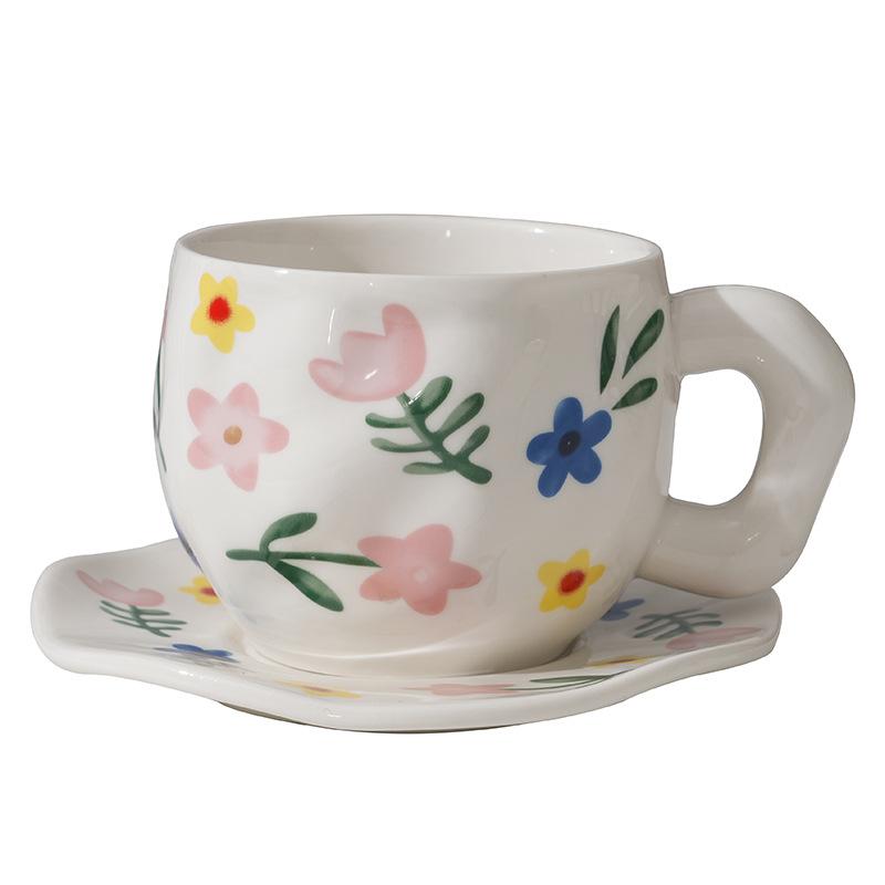 Keramik-Kaffeebecher und Untertassen, handgeformt, handbemalt, unregelmäßige Tassen und Untertassen, hochwertige Frühstückstassen