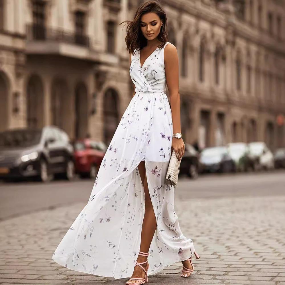 Women's V Neck Sleeveless Floral Print Maxi Dress High Waist A Line Elegant Casual Dress