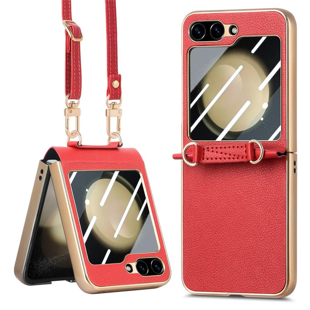 Crossbody Lanyard Electroplating PU Leather Phone Case for Samsung Galaxy Z Flip 5 Flip5 5G Hard Shell Shockproof Cover