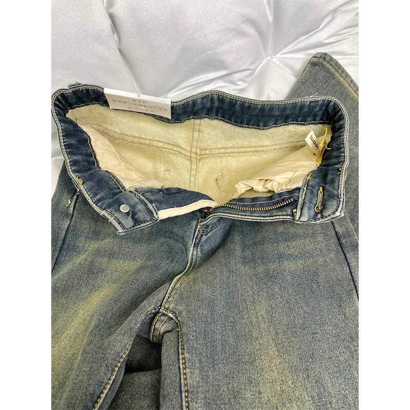 Dámské plyšové džíny s vysokým pasem a rozšířenými nohavicemi - Podzim/Zima 2024 - Nadměrná velikost, elastické kalhoty zakrývající boky