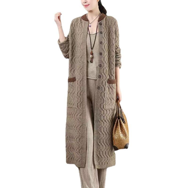 New Casual Loose Cardigan Office Lady Cardigan Solid Color Double Pocket Autumn Winter Women Long Sleeve Knitted Coat Streetwear