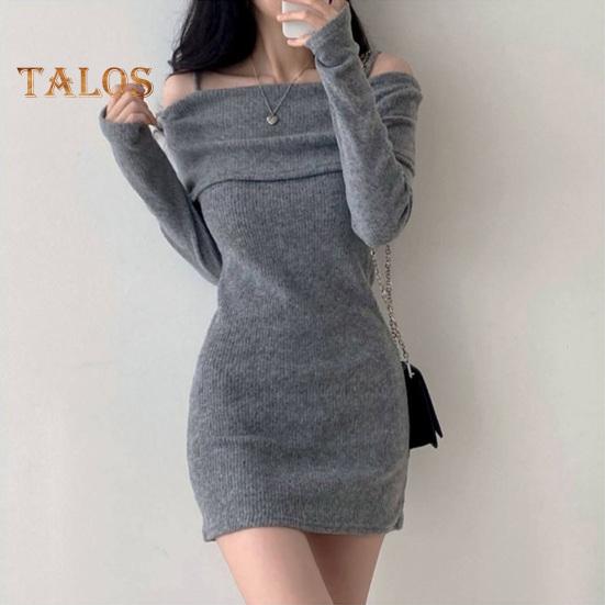 Women Knitting Tops Off Shoulder Long Sleeve Solid Color Slim Fit Pullover Tops Sexy Ribbed Long Blouse