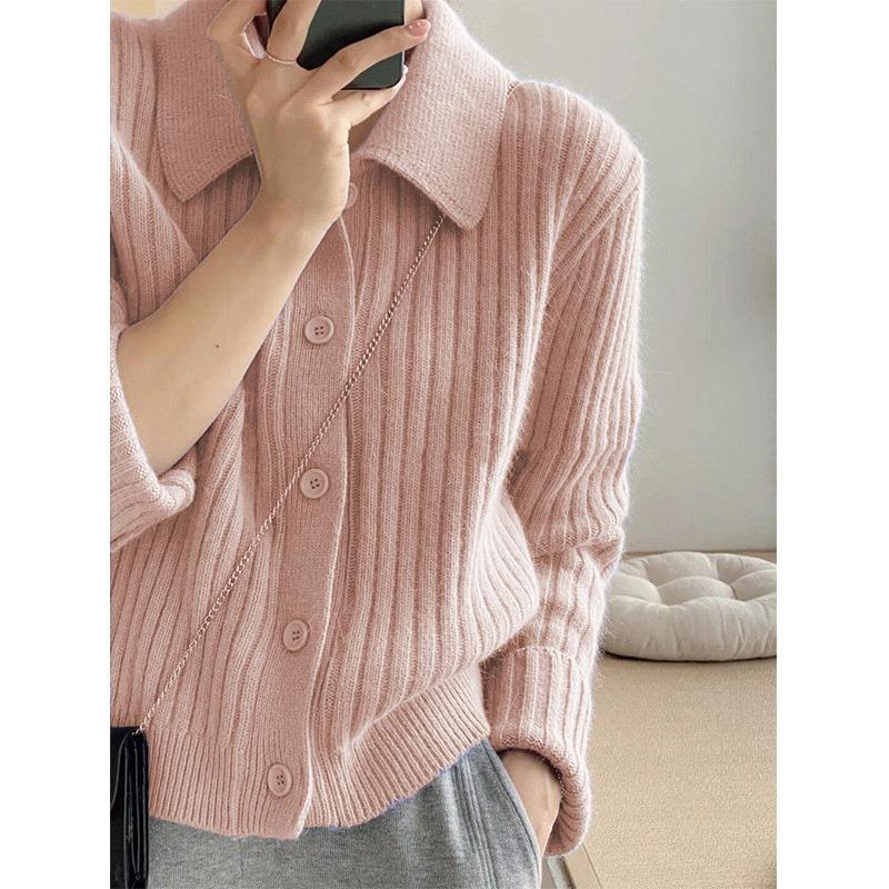 Solid Color Polo Neck Knitted Cardigan Women's Autumn and Winter New Loose Lazy Sweater Jacket Lazy Style