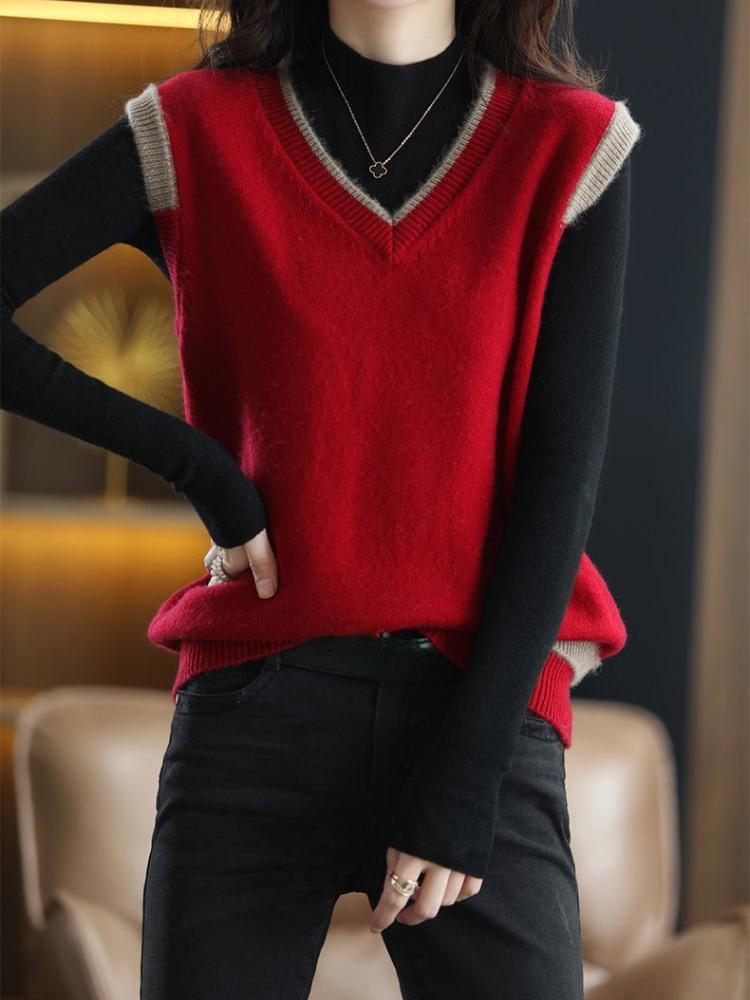 Solid Color V Neck Sweater Vest, Casual Sleeveless Knit Vest for Spring & Fall, Women's Clothing