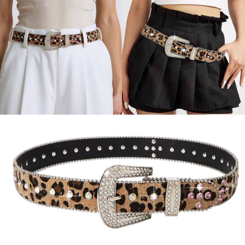 Leopards Print Rhinestones Belt With Pin Buckles for Women and Men Soft PU Adjustable Waistband
