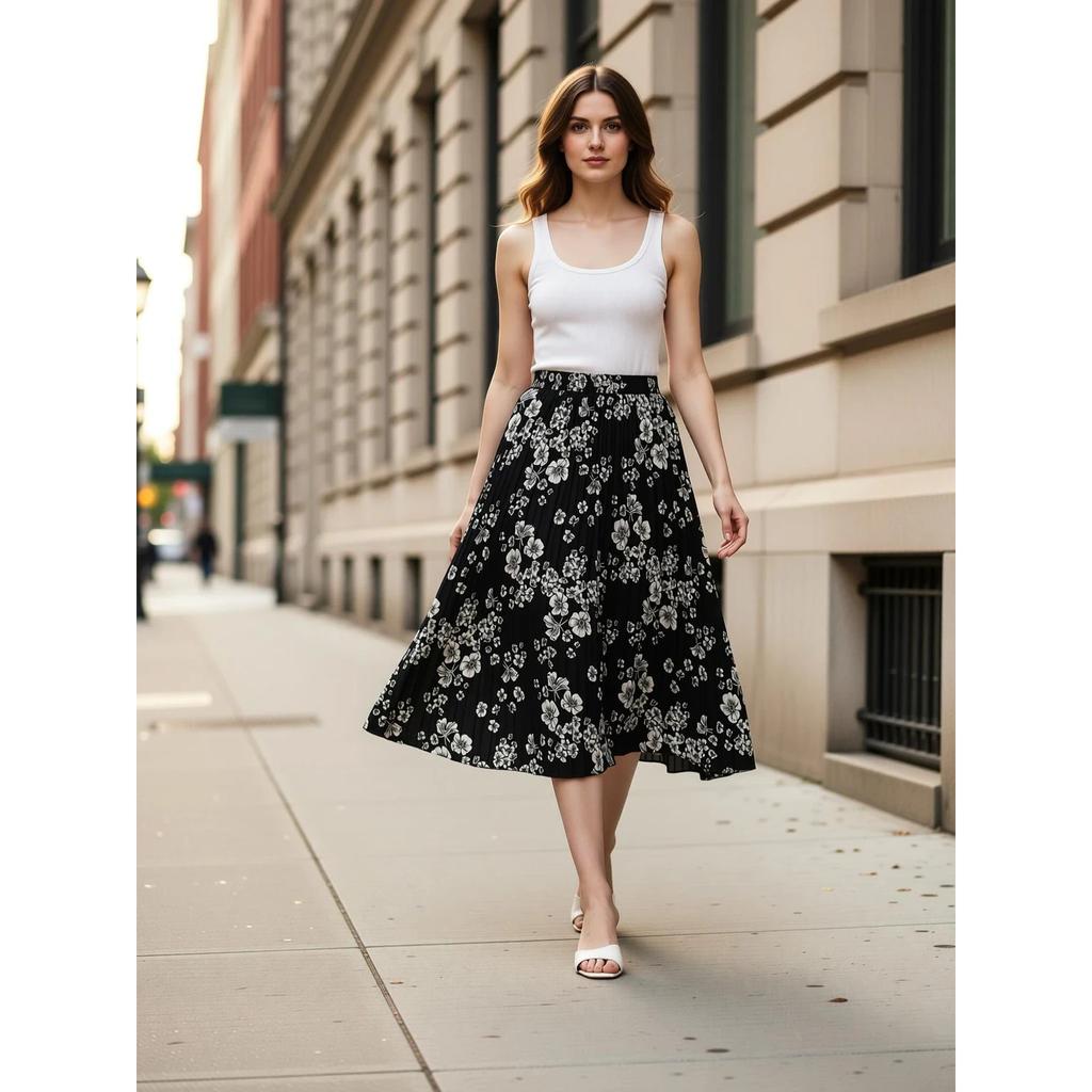 White Floral Printed Polyester Casual Skirt Women Pleated Flared Midi Skirt