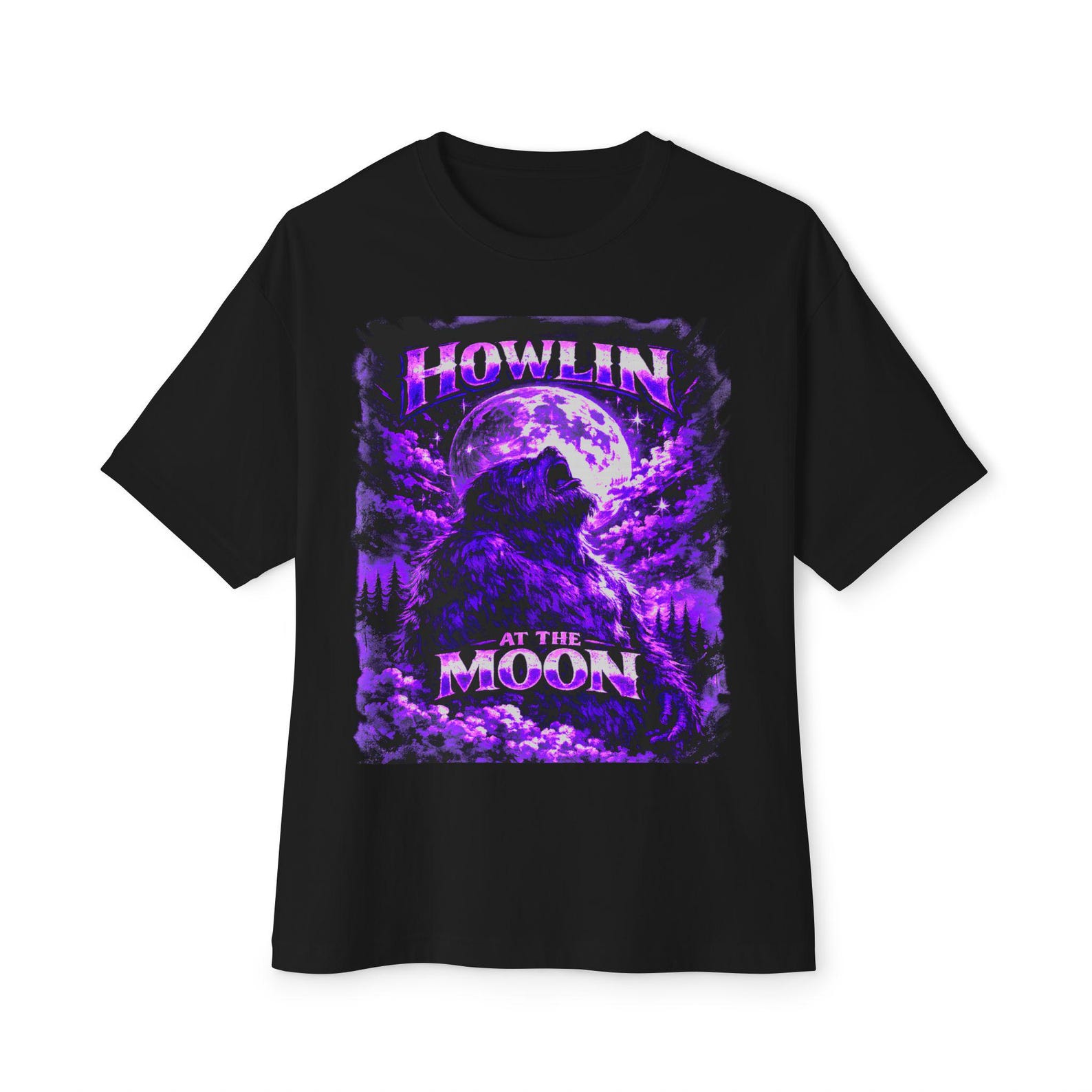 HOWLIN at the MOON Ultra-Violet Sasquatch Oversized Boxy Tee, Vintage Bigfoot Howling Moon Retro Cryptid Art,Glossy Moonligh S