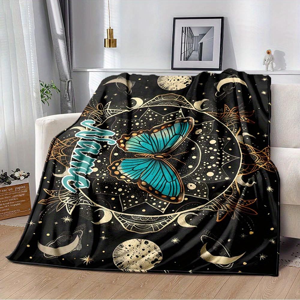 Mandala Blue Butterfly Moon Customized Your Name Blanket Warm Comfortable Soft Blanket For Chair Office Sofa Bed Sofa Office Camping Suitable For