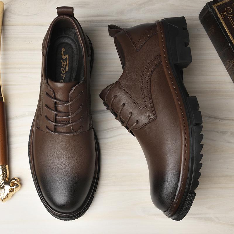 Men's British Style Round Toe Oxford Leather Shoes - Comfortable, Lace-up, Versatile, Thick Sole, Genuine Cowhide.