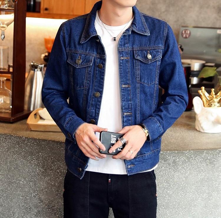 

Large Size Men s Fashion Casual Slim Fit Denim Jackets Long Sleeve Hole Cotton Outwear Coat L темно-синього кольору