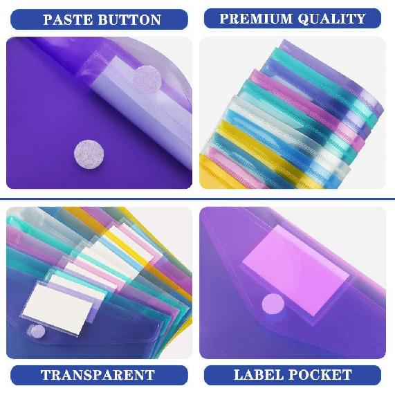 11 Pack Plastic Poly Filing Envelopes, Clear Document Folders US Letter A4 Size File Envelopes with Label Pocket & Paste Button for School Home Work
