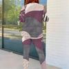 Women Plus Size Round Neck Long Sleeve Printed White Orange Two Piece Fitted Pants Set
