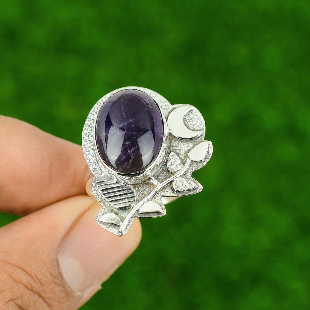 African Amethyst Stone 925 Silver Engagement Wedding Cescent Moon Statement Ring