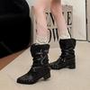 Fashion Pleated Buckle Western Boots Fashion Shoes for Women Pointed Toe Thick Middle Heel Rivet Punk Style V-Mouth Short/Long Botas