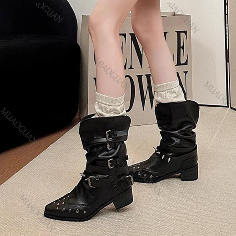 Fashion Pleated Buckle Western Boots Fashion Shoes for Women Pointed Toe Thick Middle Heel Rivet Punk Style V-Mouth Short/Long Botas