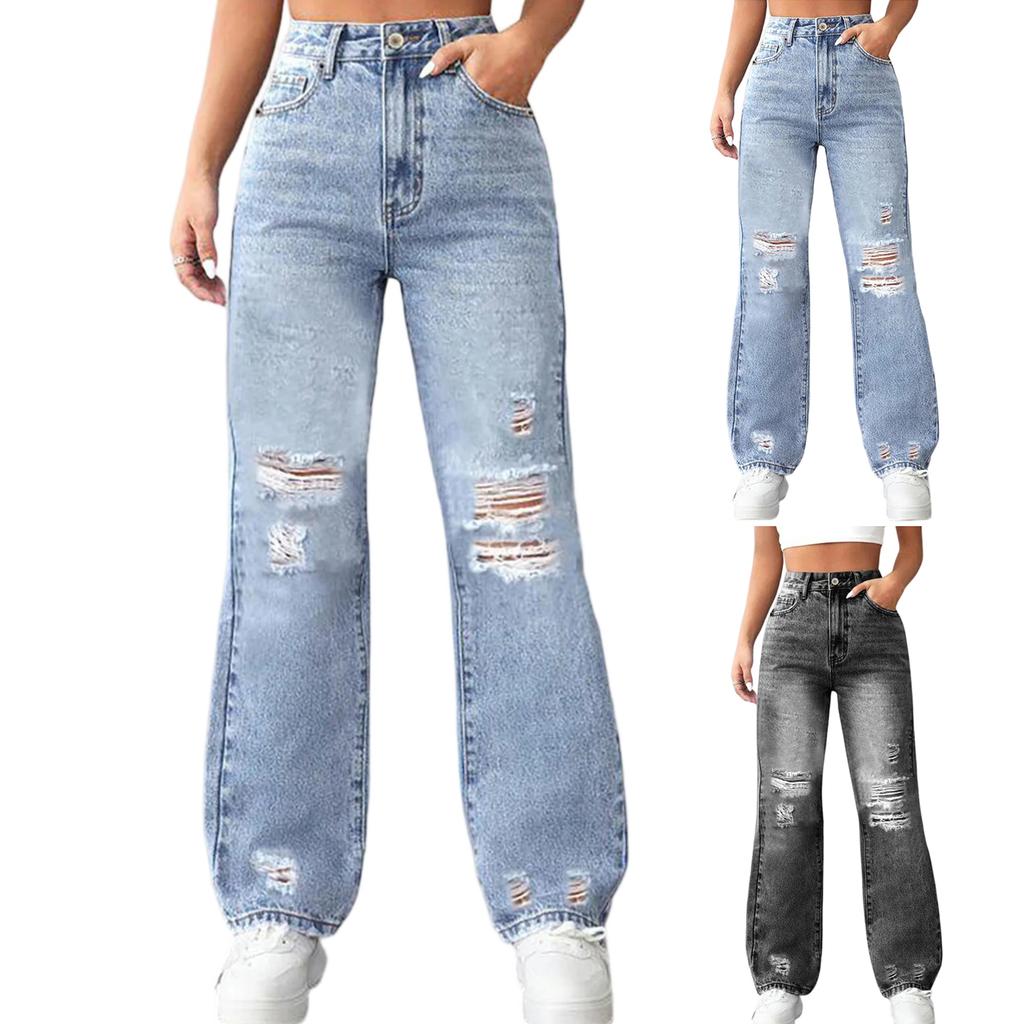 Women's High Waist Washed Women's Jeans Fashionable Versatile Straight Leg Pants