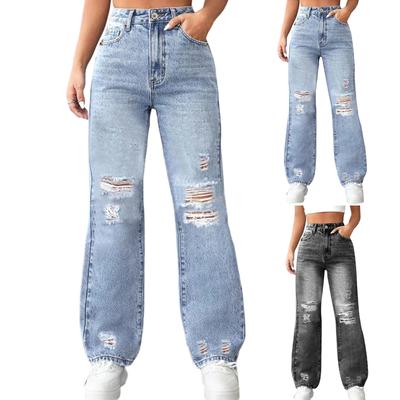 Damen Jeans mit hoher Taille und gewaschener Optik, modische, vielseitige Hose mit geradem Bein