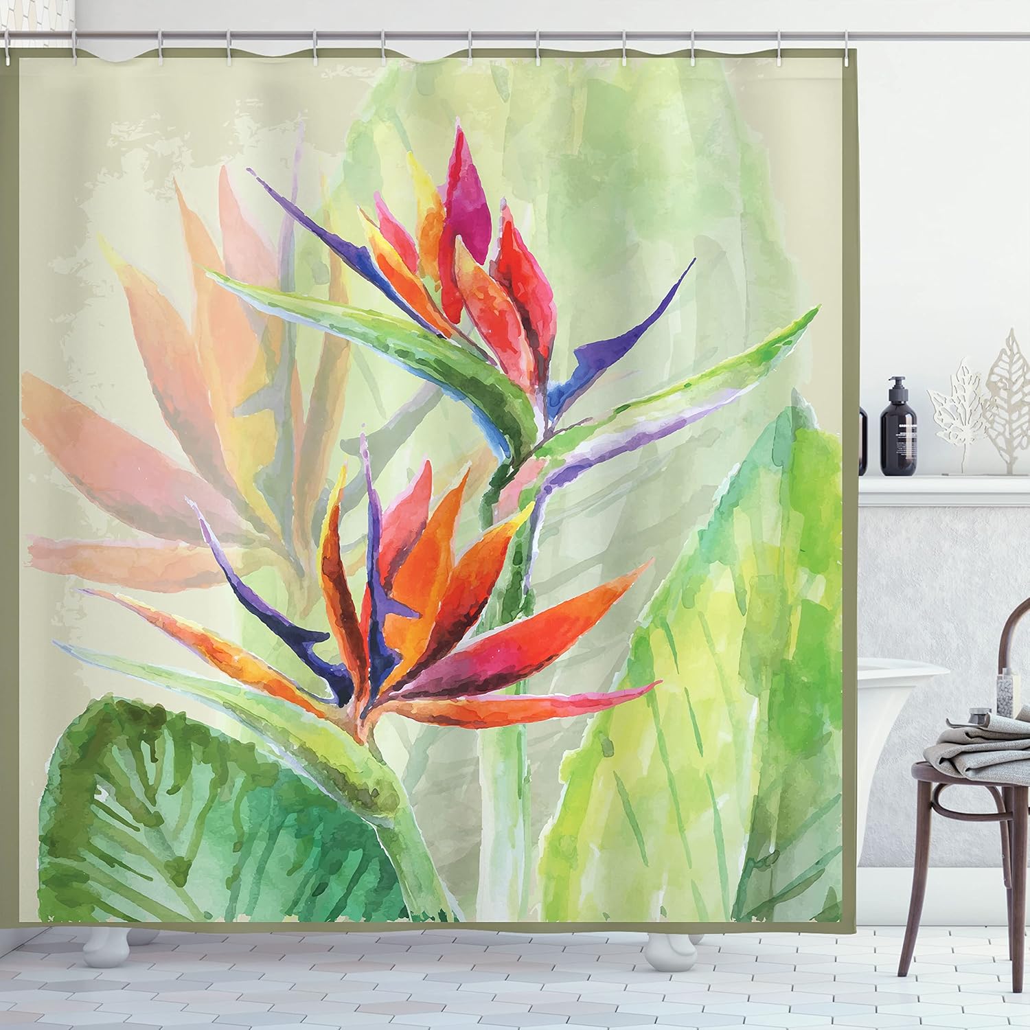 

Tropical Bird Of Paradise Shower Curtain Watercolor Floral Decor Linen180X180 W60H190(CM)-1 Pcs