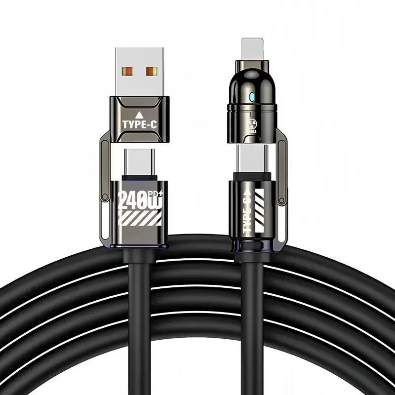4 In 1 240W Fast Charging Data Cable, Dual Type-C Lightning USB Multi Port Phone Charger Cable for iPhone Samsung Huawei Xiaomi