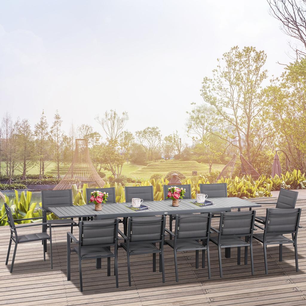 Garden Furniture Set in Aluminium and Textilene Extendable Table 8/12 People 12 Stackable Chairs Grey