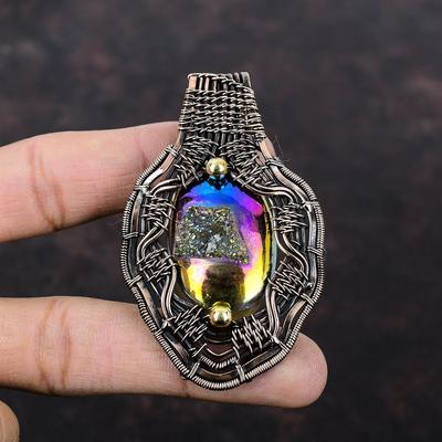Titanium Druzy Pendant Copper Wire Wrapped Pendant Gemstone Pendant Copper Wire Wrap Jewelry Handmade Brand New Pendant Women's Special Gift