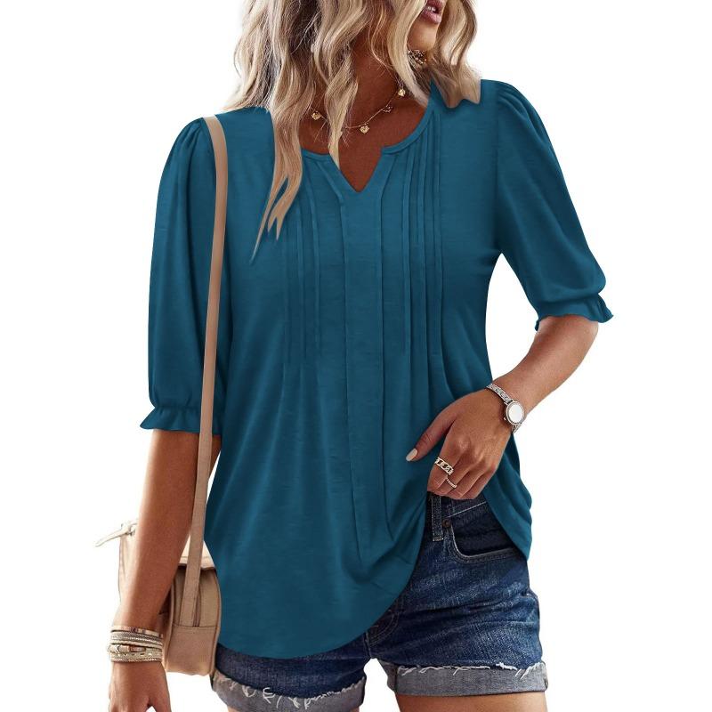 Solid Color V Neck Puff Sleeve Loose Casual Five Quarter Sleeve T Shirt