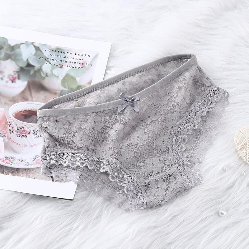 Girls' Sexy Lace Briefs Breathable Underwear with Butterfly Knot Carved Mid Air Waist Knickers Solid Color Women's Triangle Panties