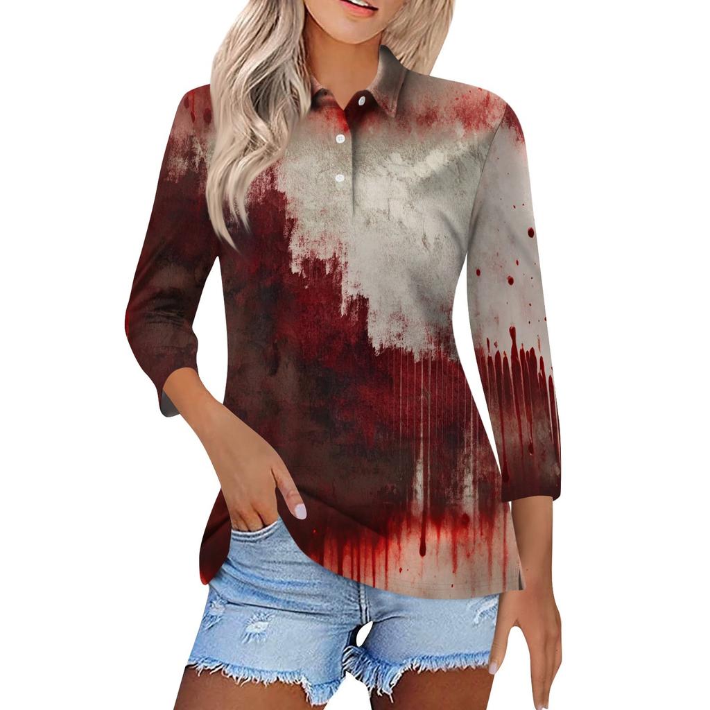 Women's Fashion Casual Lapel Short 3/4 Sleeve Halloween Print Shirt Women's Button Up Tops