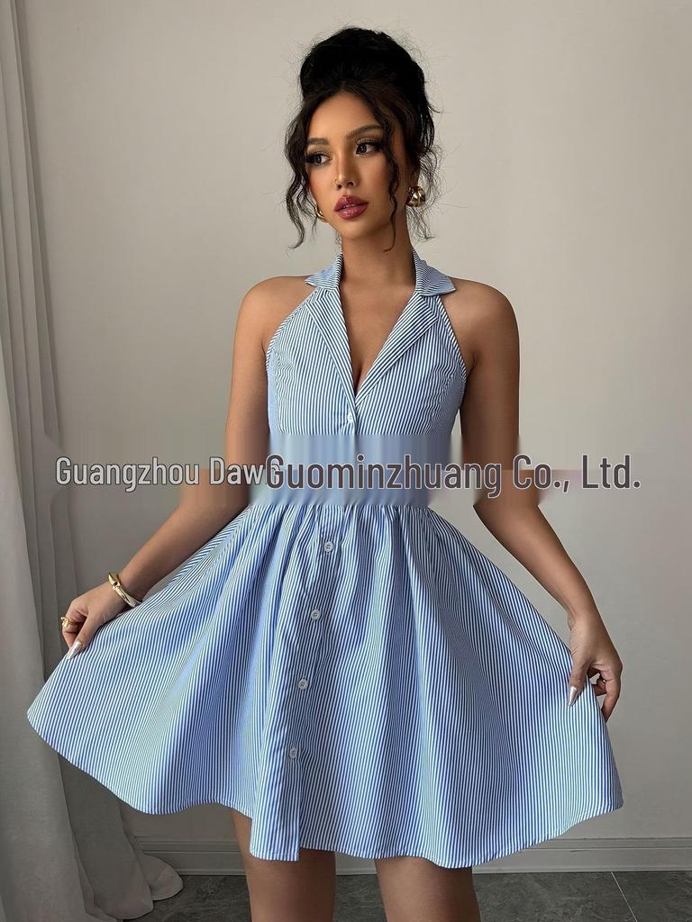 2025 European & American Summer Striped Halter Dress - Sexy & Stylish Vacation Wear