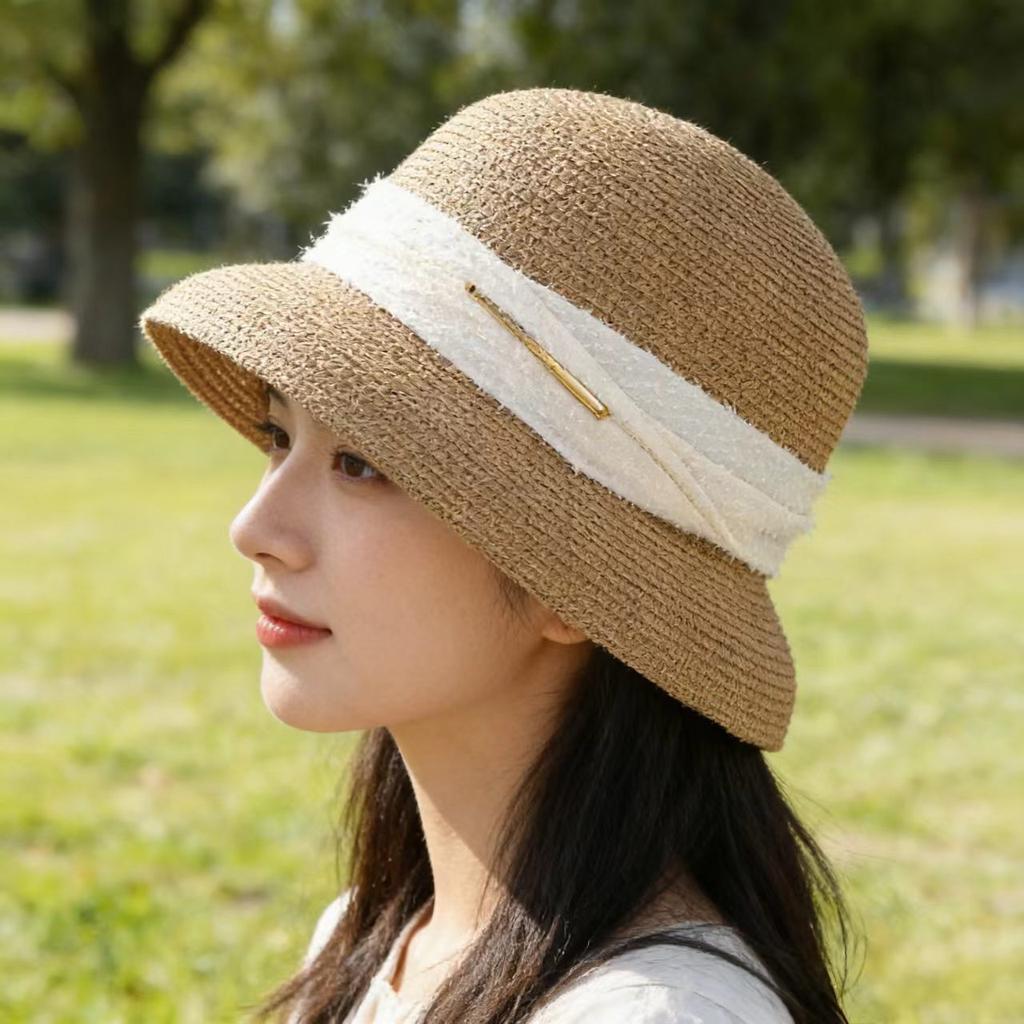 New Woven Straw Hat Women's Summer Sunshade Basin Hat Sunscreen Big Brim Top Hat Lace Decorative Beach Hat