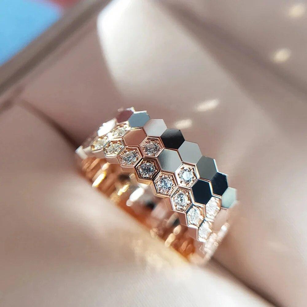 New Fashion 3 PCs Honeycomb Rings Set For Women Round Zircon Rose Gold Color Finger Ring Wedding Engagement Zircon