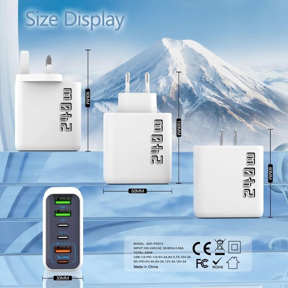 6 Ports 240W Charger Plug USB A+C Fast Charging Phone Charger Adapter EU/US/UK PD QC3.0 for Huawei/Xiaomi/Samsung