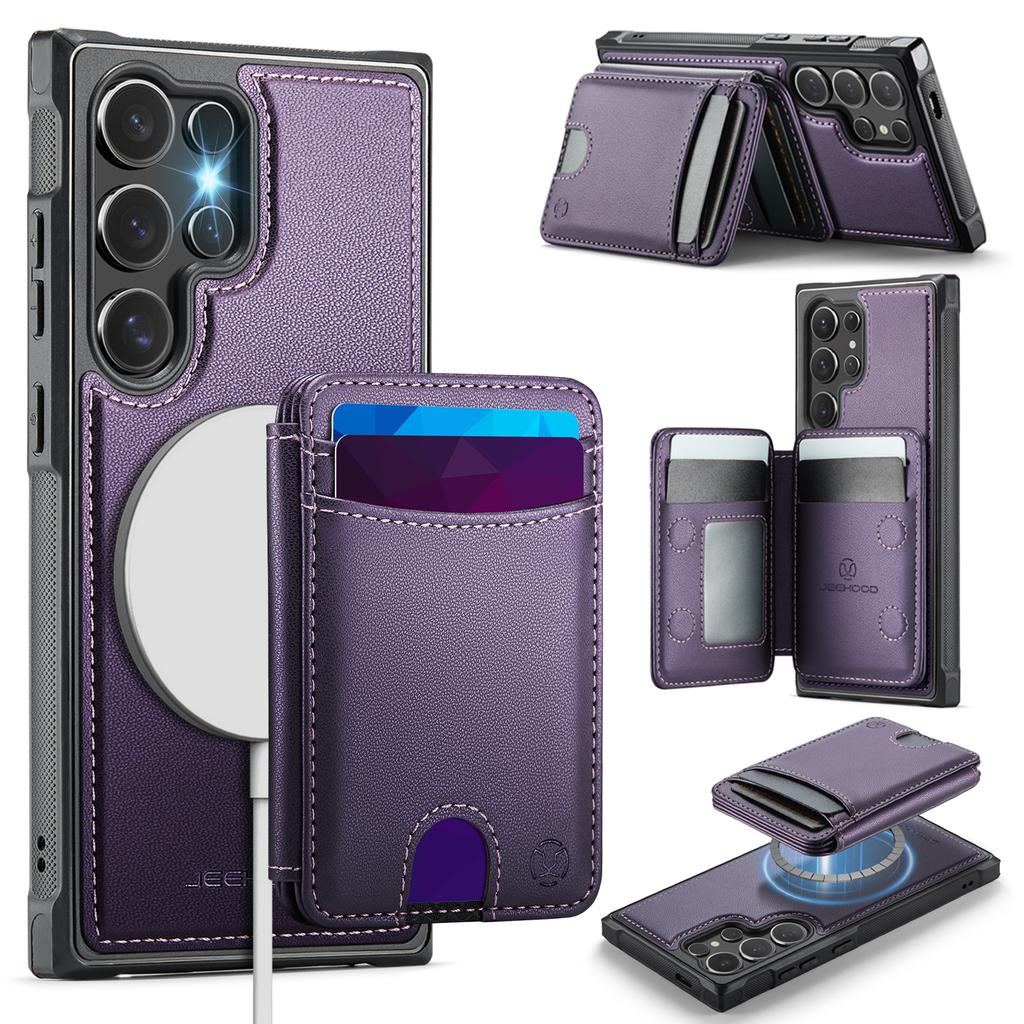 For Samsung Galaxy S26 Ultra Magnetic Case JEEHOOD J10 Leather Back Phone Cover with Detachable Card Holder Kickstand