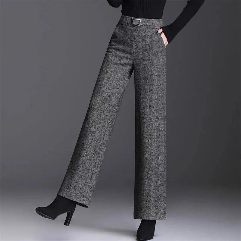 

Женские осенне-зимние шерстяные брюки с высокой посадкой - Ёлочка, эластичная талия, свободные, прямого кроя, повседневные брюки XXXL серый