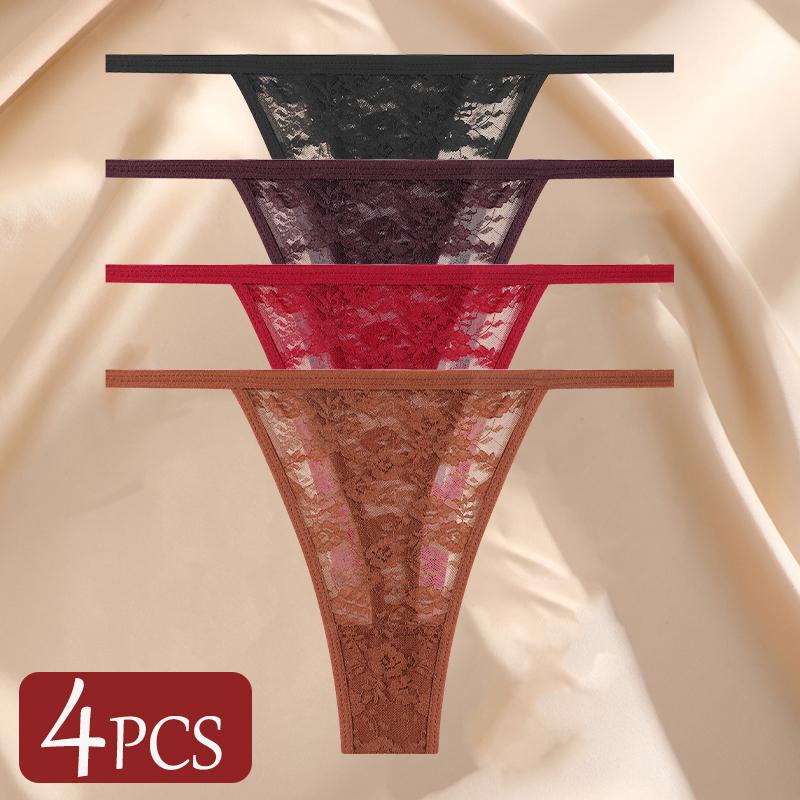 4Pcs/Set Sexy Lace Panties Women Elastic Hollow Out Transparent G-string Thong Female Lace Underpants Perspective Sexy Intimates