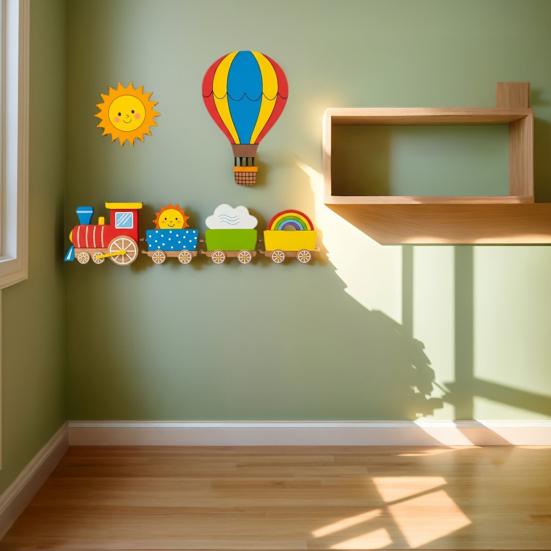 Sun Rainbow Cloud Wall Art 4Pcs Cartoon Train Hot Air Balloon 3D Wooden Decor, Colorful Kids Playroom Decor Room Wood Hanging, Nursery Educational