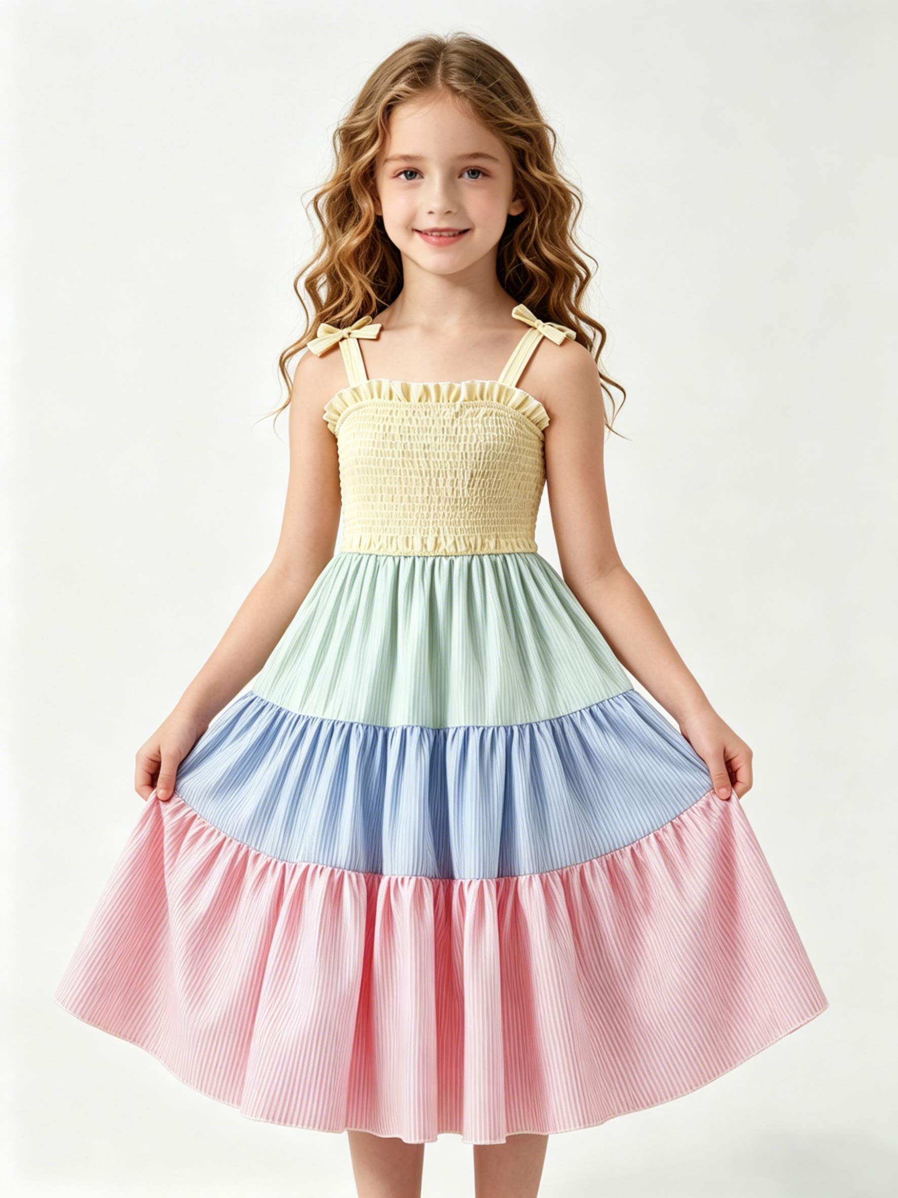 Girls Color Block Striped Tiered Sundress, Smocked Ruffle Spaghetti Strap Summer Dress for Kids 4-12Y 4-5Y разноцветный