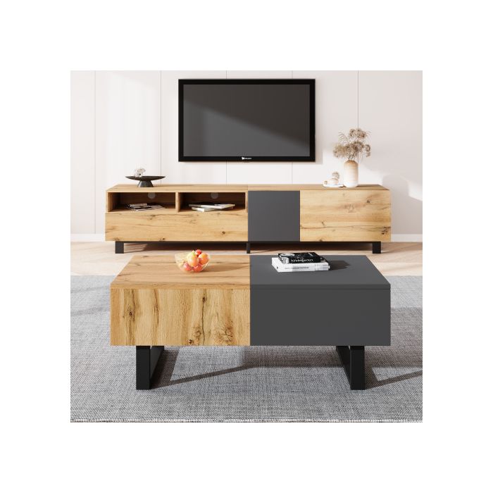 Table basse moderne - MUVOE - Multifonctionnelle - Rangement caché - Bois et métal - Design élégant