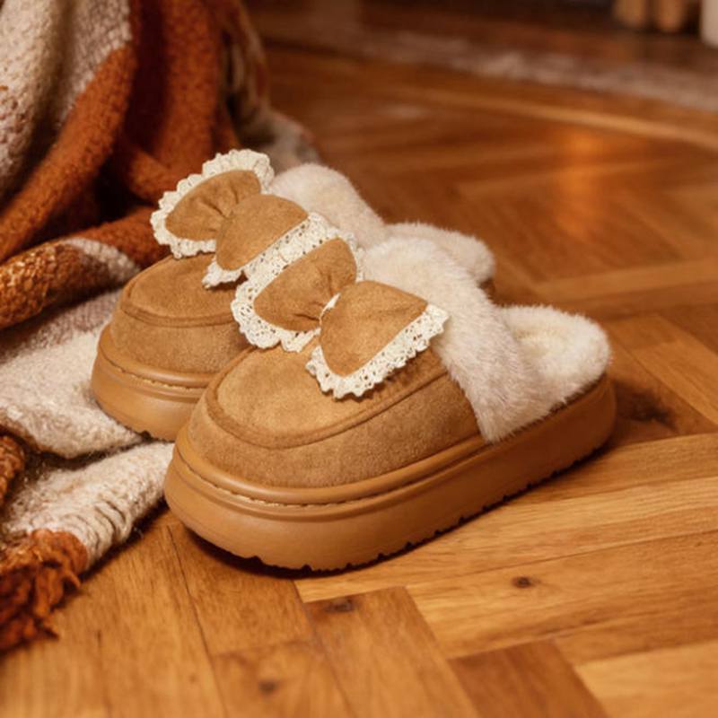 Women's Winter Fluffy Fleece Indoor Sandals Warm Room Fur Bow Slippers for Home Slip On Plush Shoes EVA Lightweight Comfort House Shoes for Bedroom